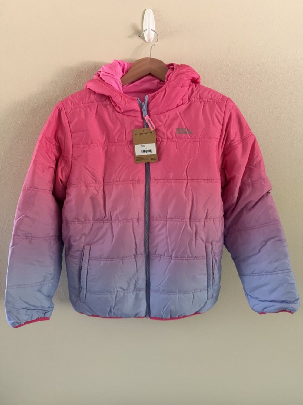 Eddie Bauer Kids Girls Reversible Puffer Jacket NWT Size XL 16 Pink Ombre Fleece